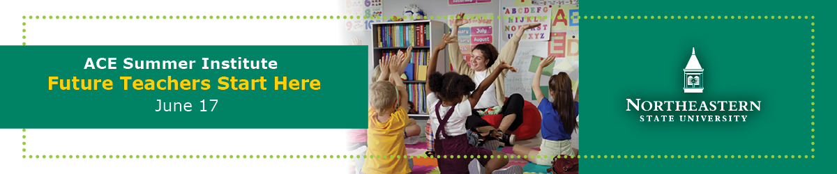ACE Summer Institute at NSU on June 17 with classroom scene and message “Future Teachers Start Here.”