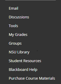 course menu in decending order, email, discussions, tools, my grades, groups, nsu library, student resources, blackboard help, purchase course materials 