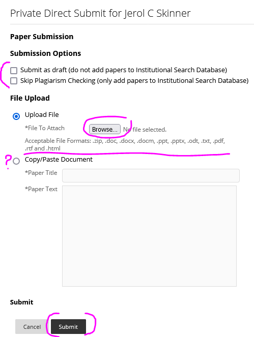Menu for DirectSubmit options