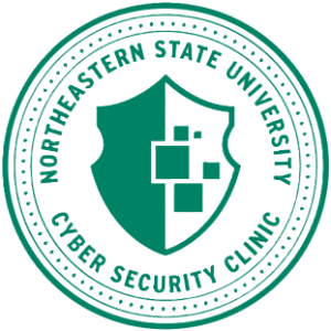 Green and White Shield with circles around it and the words Northeastern State University Cyber Security Clinic in a circle 