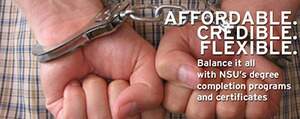 Human with handcuffs on and encouraging text about service the College of Extended Learning offers.